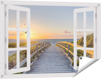 Gards Tuinposter Doorkijk Voetpad met Zee en Vogels - 90x60 cm - Tuindoek - Tuindecoratie - Wanddecoratie buiten - Tuinschilderij