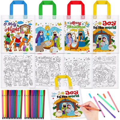 Dailygoods- Kersttas 12 Stuks - Doe-het-zelf Graffiti Tas - Niet-geweven Cadeauzak - Creatieve Activiteit - Polyester Materiaal - Kerststal Thema - Kleur Tas