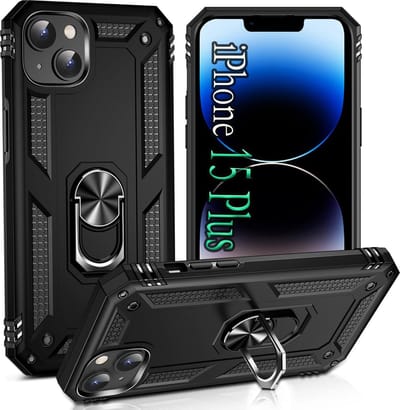 Casemania Hoesje Geschikt voor Apple iPhone 15 Plus - Zwart - Anti-Shock Hybrid Armor Back Cover - Hoes met Kickstand Ring