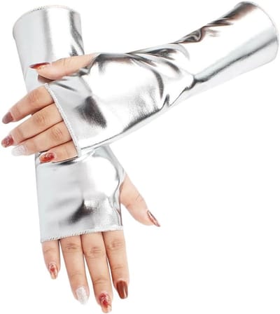 Gothic Vingerloze Handschoenen van Zilverkleurig PU Leer, Elastische Halve Mouwen voor Punk Stijl en Stage Performances