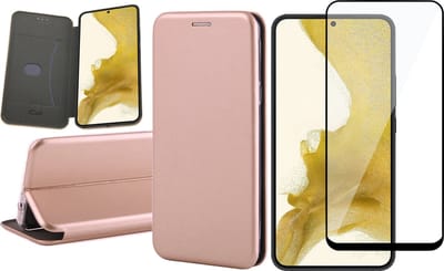 Hoesje geschikt voor Samsung Galaxy S22 Plus - Book Case Kunstlederen Wallet Cover Minimalistisch Pasjeshouder Hoes Roségoud - Full Tempered Glass Screenprotector
