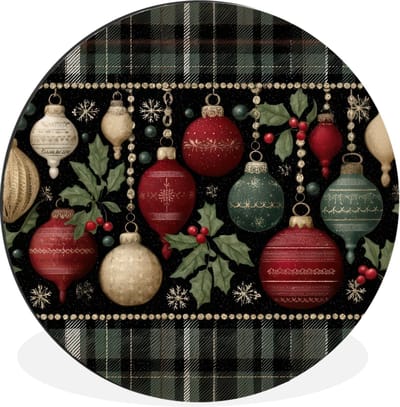WallCircle - Wandcirkel - Muurcirkel - Kerstballen - Rood - Hulsttakken - Patroon - Aluminium - Dibond - 30x30 cm - Binnen en Buiten