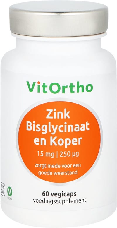 VitOrtho Zink Bisglycinaat 15 mg en Koper 250 mcg (60 vegicaps)