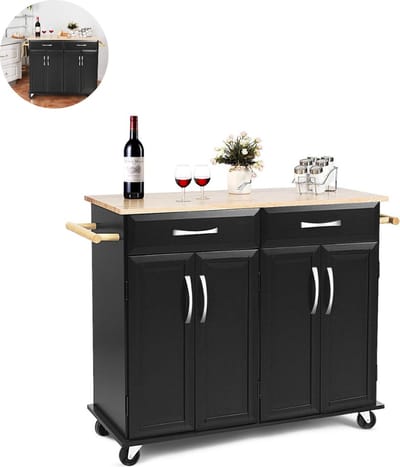 Keukeneiland - Verplaatsbaar - Keukenkast - Dressoir - Organizer - Kasten - Houten Werkblad - Lade - Zwart