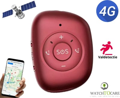 WatchToCare WTC 22 S - GPS Alarmknop Senioren - SOS knop - Noodknop - Waterdicht - Standby tijd 5 dagen - Alzheimer - Dementie - Valdetectie - Medicatie Herinnering - Veilige zones - Bellen - Incl. Simkaart - Géén contract of Abonnement nodig - Rood