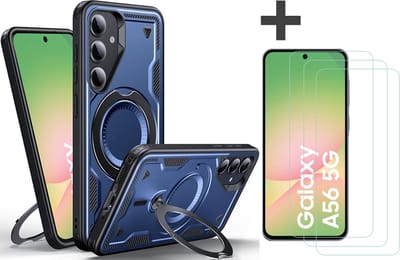 Hoesje Geschikt voor Samsung Galaxy A56 met 3 Stuks gehard glas Screenprotectors - Armor hoes met Ringhouder - Arara backcover - Navy