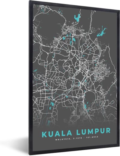 Fotolijst incl. Poster - Kuala Lumpur - Stadskaart - Plattegrond - Kaart - Blauw - 40x60 cm - Posterlijst