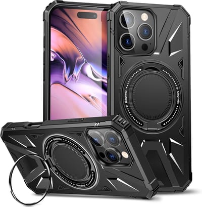 Casemania Hoesje Geschikt voor Apple iPhone 16 Pro - Zwart - Compatibel met MagSafe - Armor Back Cover met Kickstand