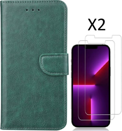 Hoesje Geschikt voor iPhone 14 Pro – bookcase met 2 stuks screenprotector tempered glass – Groen