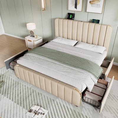Gestoffeerd tweepersoonsbed met gouden accenten en USB-C - 160x200 cm - Beige - 4 opberglades - Inclusief lattenbodem - Belastbaar tot 200 kg