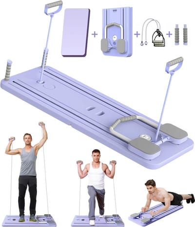 Opvouwbare Pilates Reformer Bank met Trainingswielen en Elastieken voor Thuisgebruik