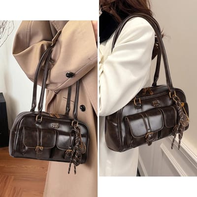 Vintage Schoudertas voor Vrouwen, Kleine Multi-Pocket Handtas, Dubbele Tas, Ideaal voor Reizen en Werk