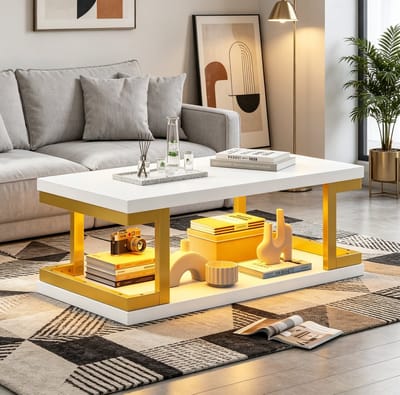 OKWISH Salontafel - Rechthoek Met Led Verlichting - Woonkamer Slaapkamer Werkkamer - Open Opbergruimte - MDF En Metaal Wit Goud - 100x50x37,5 cm
