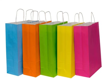 25 x kleine papieren draagtassen Van Kraftpapier Mix 1 oranje bauw roos groen geel 18x8x22 cm Tasjes Met Handvat/ Cadeautasjes met gedraaid handgrepen / Zakjes/
