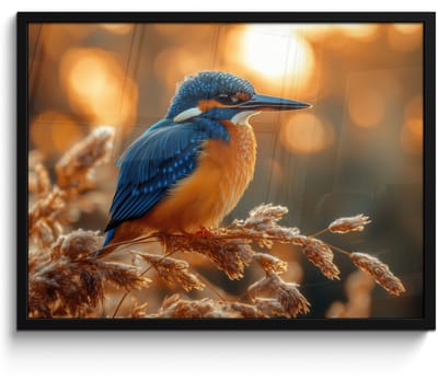 Poster in lijst - Fotolijst 70x50 cm - Posters - IJsvogel - Herfst - Vogels - Zon - Natuur - Herfsttakken - Posterlijst zwart - Decoratie - Wanddecoratie woonkamer - Muurdecoratie slaapkamer