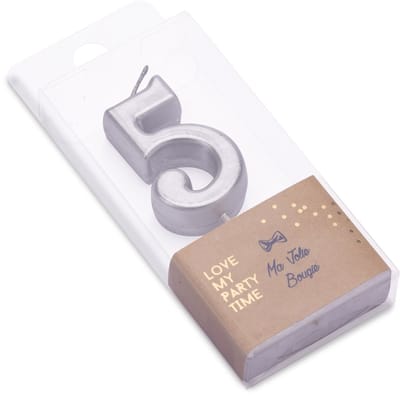 ARTYFETES - Verjaardagskaars cijfer 5, zilver metallic 4,3 cm met prikker