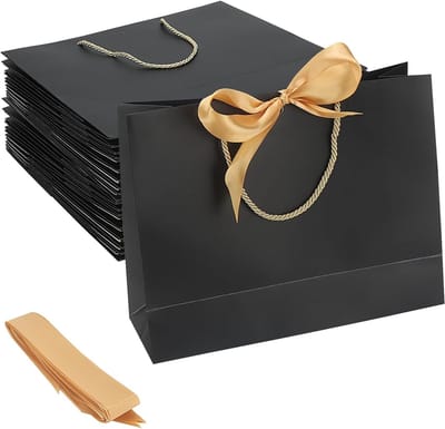 30 Stuks Zwarte Cadeautassen 32x25x11cm met Gouden Lint, Papieren Tassen voor Verjaardagen, Bruiloften en Feesten