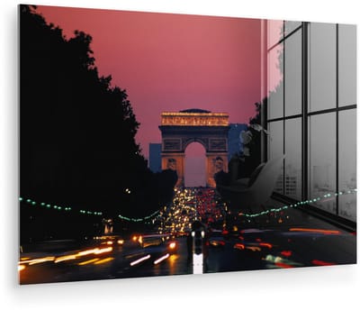 ® Glasschilderij 180x120 cm - Schilderij acrylglas - Wegen omringt door bossen richting de triomfboog van Parijs tijdens de schemering - Foto op glas - Muurdecoratie woonkamer - Wanddecoratie slaapkamer - Schilderijen