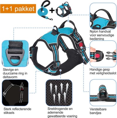 SnelShoppen - Hondenharnas zonder Trek; Instelbaar; Reflecterend; Oxford; Eenvoudige Controle; Middelgroot Hondenharnas met Gratis Duurzame Hondenriem