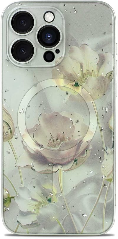 Casemania Hoesje Geschikt voor Apple iPhone 12 Pro - Grijs - Bloemen Glitter Back Cover met Camera Bescherming - Geschikt voor MagSafe