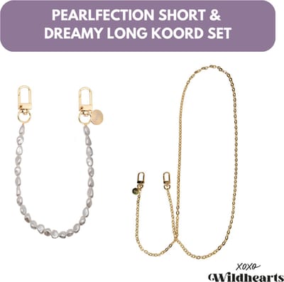 xoxo Wildhearts telefoonkoord bundel - Pearlfection - Kort koord & Dreamy - Lang koord - Geschikt voor iPhone - Geschikt voor Samsung - Universeel - Phone cord - Telefoonketting - Koord voor telefoon - Telefoon hanger parel ketting & gouden ketting