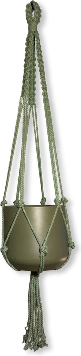 Plantenhanger 'Jazzy' Olijfgroen - 100 cm lang - Katoenkoord - Geschikt voor Pot met Diameter t/m 25 cm - Handgemaakt in ons Macramé Atelier - Prijs per Stuk - Let op: Exclusief Pot - Inclusief Verzendkosten
