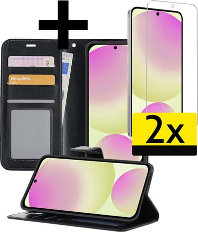 Hoesje - Met 2x Screenprotector - Geschikt voor Samsung Galaxy S24 FE - Luxe Pasjeshouder - Bookcase Portemonee - Flip Case - Kunstleer Book Case - Flipcase Hoes - Book Cover - Walletcase - Portemonneehoes - Telefoonhoesjes - Zwart