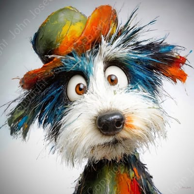 John Joseb Art (Canvas) 60x60 | Gekke grappige hond met hoed, humor, dier, portret, wit, oranje, groen, blauw, modern | Foto-Schilderij canvas print (wanddecoratie)