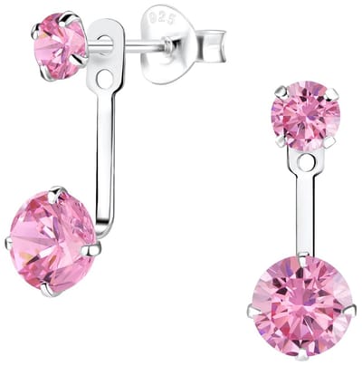 Joy|S - Zilveren ear jacket oorbellen - 2 x zirkonia rond roze - verstelbaar in hoogte - sterling zilver 925