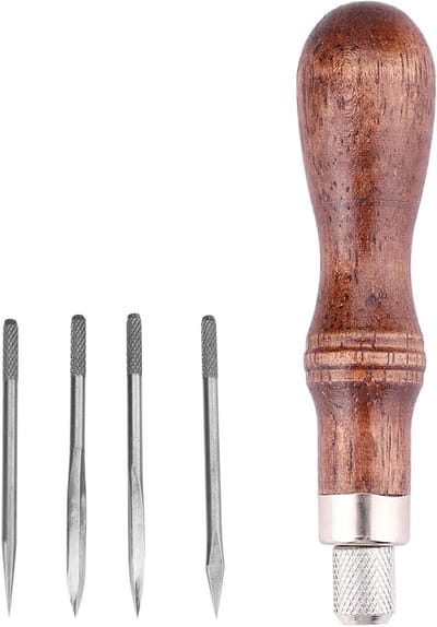 4 in 1 Diamant Prikker met Houten Handvat voor Leerbewerking, Naald Gereedschap voor DIY Handgemaakte Leerprojecten en Stikwerk Gaten