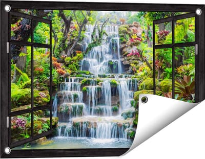 Gards Tuinposter Doorkijk Tropische Waterval in Thailand - 60x40 cm - Tuindoek - Tuindecoratie - Wanddecoratie buiten - Tuinschilderij