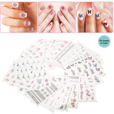 50 Feuilles Fleurs Mélangées Papillon Dessin Animé Nail Art Autocollant Transfert à l'Eau Décalcomanies DIY pour Ongles (XF) beige