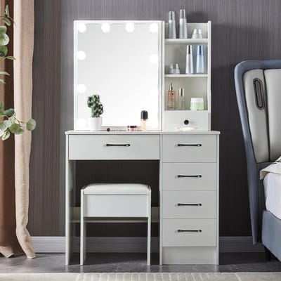 Kaptafel met Spiegel - Beauty Station - Schoonheid Routine - Verstelbare LED Verlichting - 80 x 130 cm - Wit