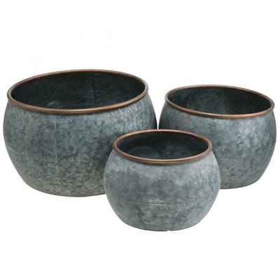 Sierpot, plantenbak, metalen schaal zilver, koperkleurig antiek look H