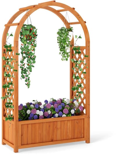 Plantenbak met klimrek - Bloembak - Weerbestendig - Met trellis - Buiten - Hout - Plantenrek - Bruin