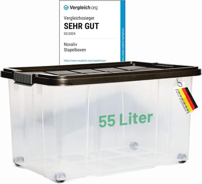 Novaliv opbergbox met deksel, groot, 55L, antraciet. Stapelbare kunststof box met clipsluiting. Eurobox met deksel, BPA-vrij, 61x40x32,5 cm.