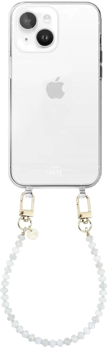 xoxo Wildhearts siliconen hoesje geschikt voor iPhone 15 Plus - Dusty White - Kort koord - Telefoonhoesje - Hoesje met koord - Kralenketting - Wit telefoonkoord - Transparant hoesje