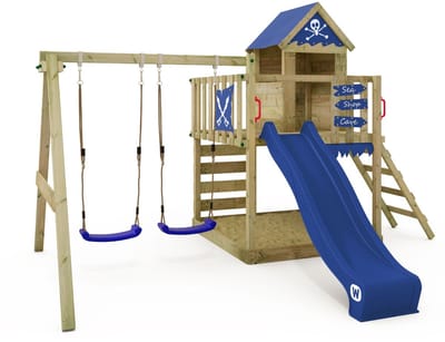 Wickey Smart Cave Speeltoestel - Dubbele schommel met Glijbaan en Speelhuisje - Klimwand & Zandbak - 339x436x265 cm - Blauw