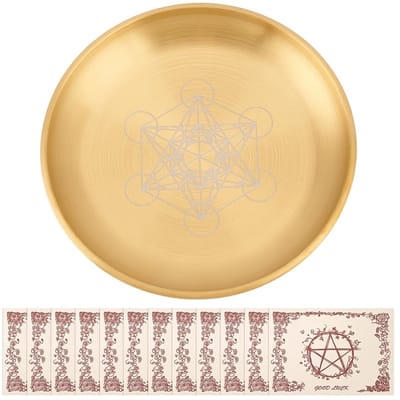 Dailygoods- Offerschaal 14 cm - Platte Ronde Schaal - Roestvrij Staal - Decoratieplateau - Inclusief 12 Perkamenten - Voor Rituelen - Ritueelplaat