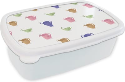 Broodtrommel Wit - Lunchbox - Brooddoos - Patronen - Thee - Theekop - 18x12x6 cm - Volwassenen