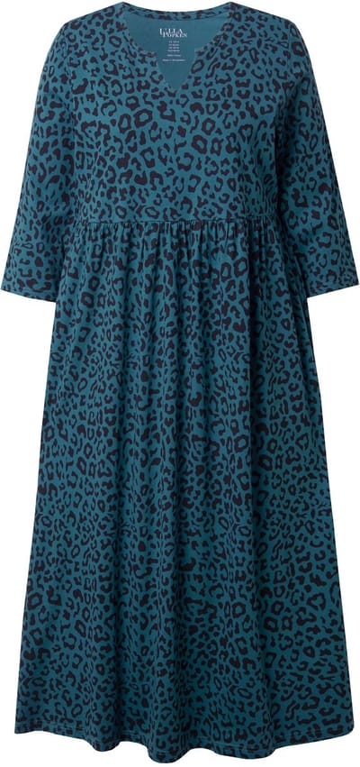 Ulla Popken - Dames - Jersey jurk A-lijn tuniekhals 3/4-mouw zakken - Petrol - Maat 54+