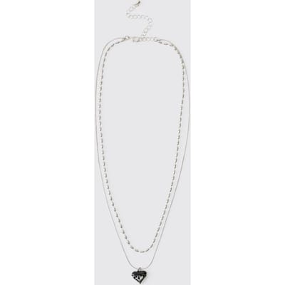 Double-Layer Silver Necklace with Black Molten Heart