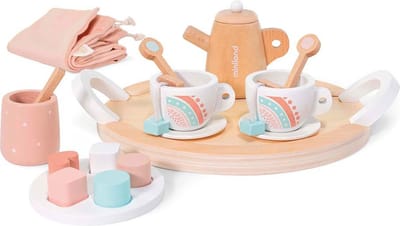 ML Poppen: THEE SET voor POPPEN, in hout, 18-delig, dienblad 28cm, met  draagtasje, 3+