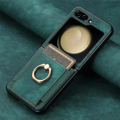 Retro PU Lederen Portemonnee Hoes voor Samsung Z Flip 6 5 4 3 2 Flip6 Flip5 Flip4 Flip3 Flip2 5G Ring Kaartsleuf Houder Telefoonhoes Galaxy Z Flip 3 beige