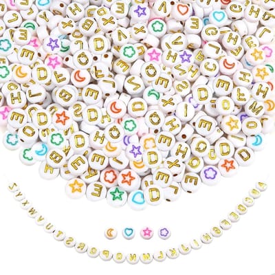300 Stuks Acryl Alphabet Kralen 7mm Rond A tot Z Witte Kralen met Gouden Letters en Sterren voor DIY Armbanden en Kettingen Maak je Eigen Sieraden