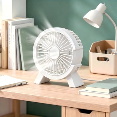 Ulisem - Kleine USB-bureauventilator - ultrastille werking met grote luchtstroom - persoonlijke koelventilator met antislipvoet - opklapbare haak - gemakkelijk schoon te maken ontwerp voor thuis, op kantoor en op reis - wit