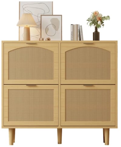 Linkforu - Rotan Houten Schoenenkast - 4 kleplades – Ruimte Besparend – Opbergkast - 100x25x90 cm - Metalen Handgrepen Houtkleurig