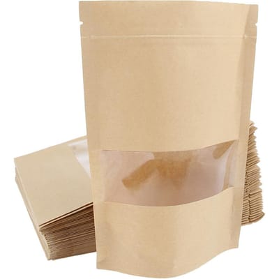 50x Kraft papieren zak stazak voedsel ziplock verpakking met venster 9x14+3 14x22+4