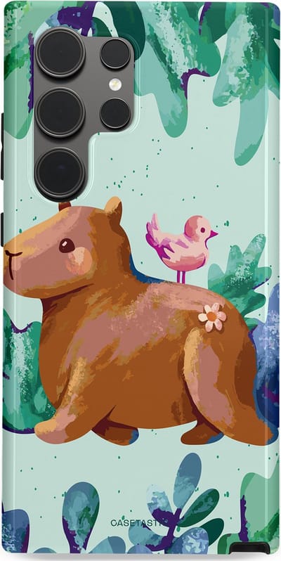 Casetastic Hoesje Geschikt voor Samsung S24 Ultra - Stijlvolle Beschermende Duo-layer Case - Capibara Vogeltjes Vriend