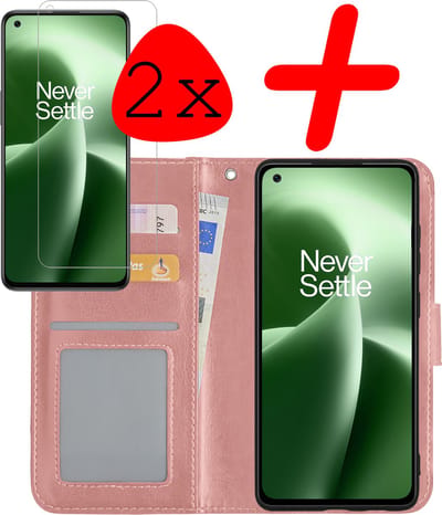 Hoesje Met 2x Screenprotector - Geschikt voor OnePlus Nord 2T - Luxe Pasjeshouder - Bookcase Portemonee - Flip Case - Kunstleer Book Case - Flipcase Hoes - Book Cover - Walletcase - Portemonneehoes - Rosé goud